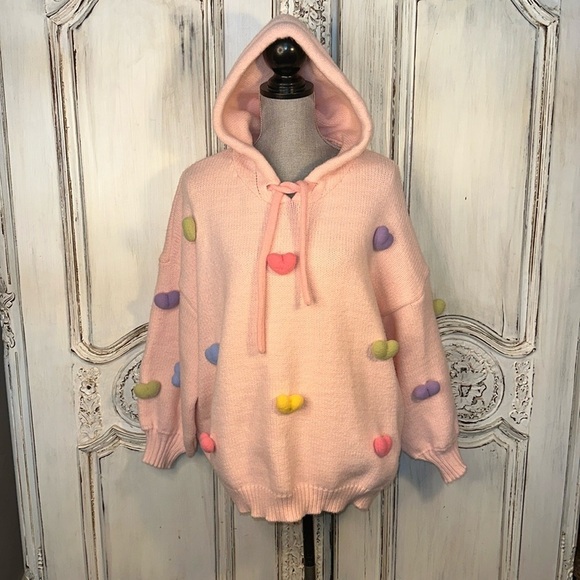 Unique Novelty 3D Candy Colors Hearts Oversized Knitted Sweater Fun Playful - Picture 1 of 8